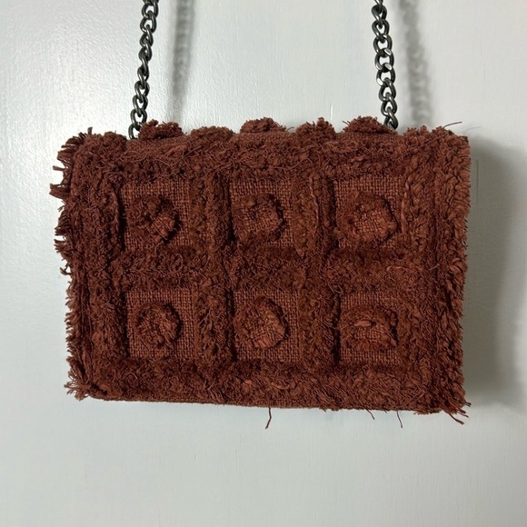 Zara Burnt Orange Fringed Fabric Crossbody Shoulder Bag Chain Woven Boho Purse - Picture 2 of 11